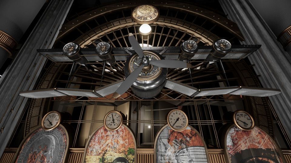 Amelia Dubai steampunk Art Deco interior with suspended airplane