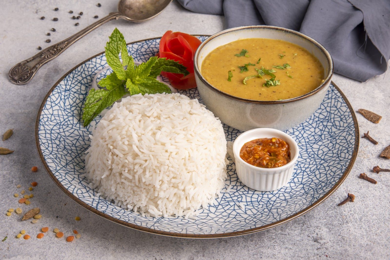 Nepalese food spread with momos and dal bhat