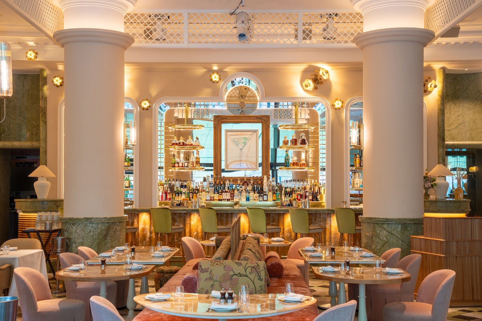 Pink and green romantic bistro interior — French restaurant Dubai DIFC