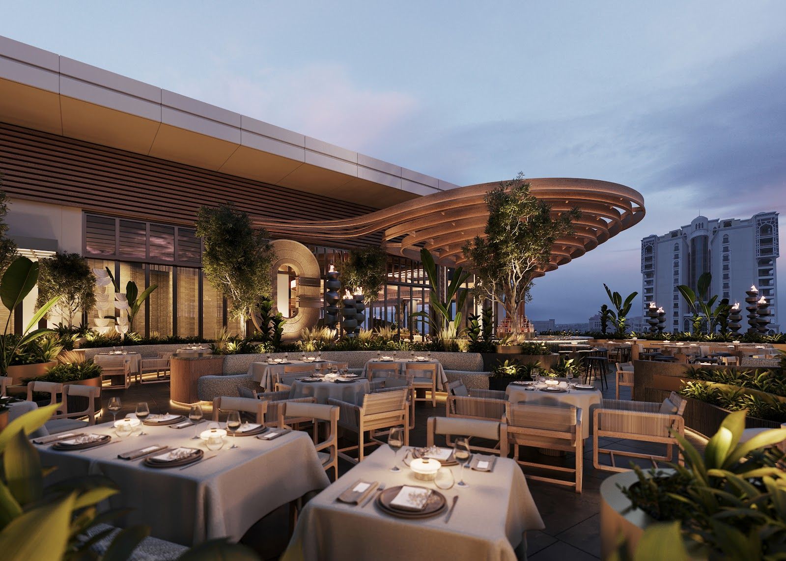 Leña Dubai dining room with dry-aged beef cabinet and orange ember tones