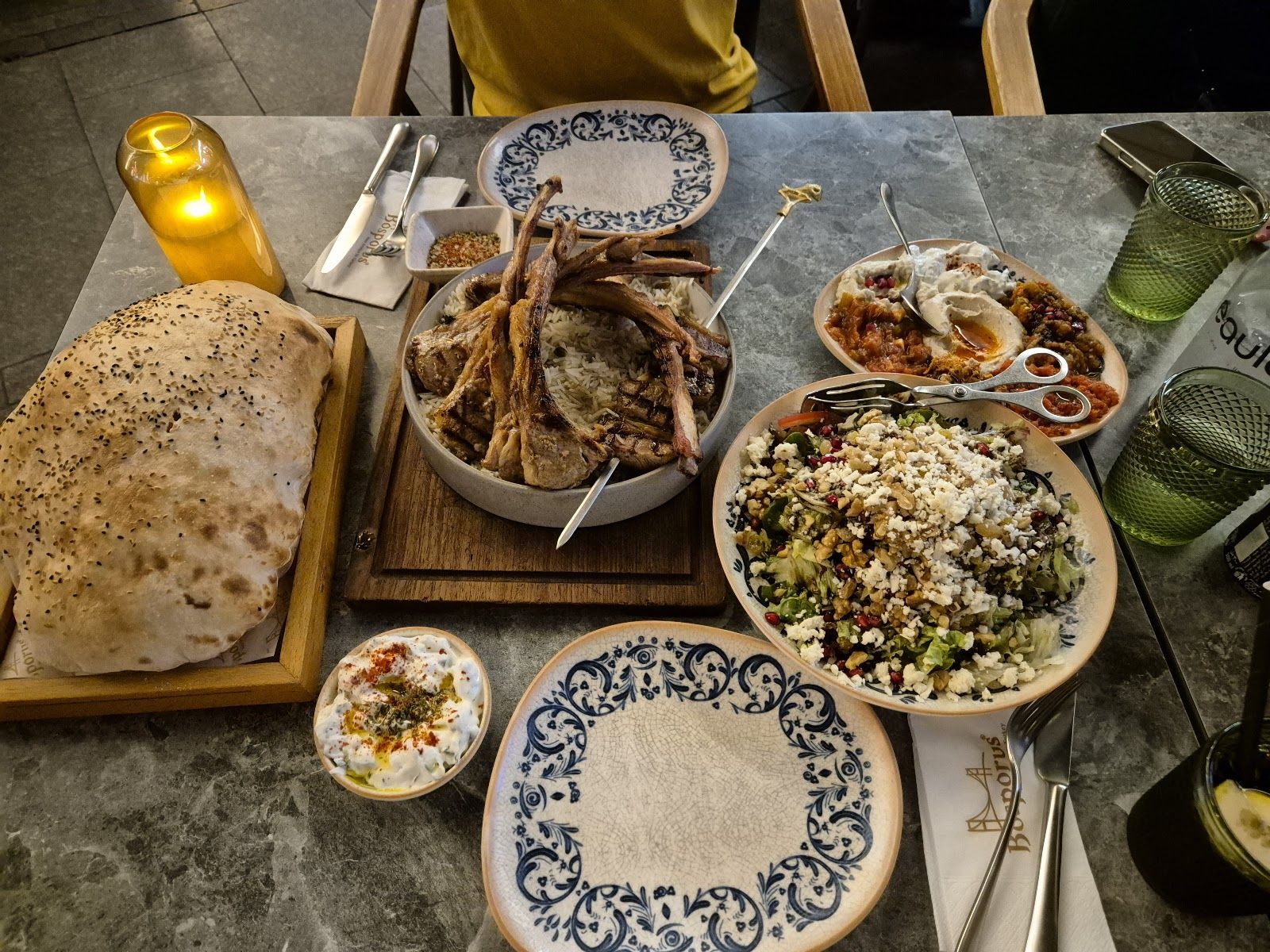 Elegant Turkish restaurant interior at a Dubai resort — Ottoman-inspired decor with sea views